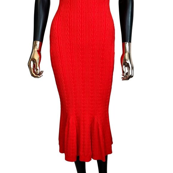 Ronny Kobo Red Knit Midi Dress Puff Sleeve Square Neck Stretch Bodycon Designer - Picture 7 of 11
